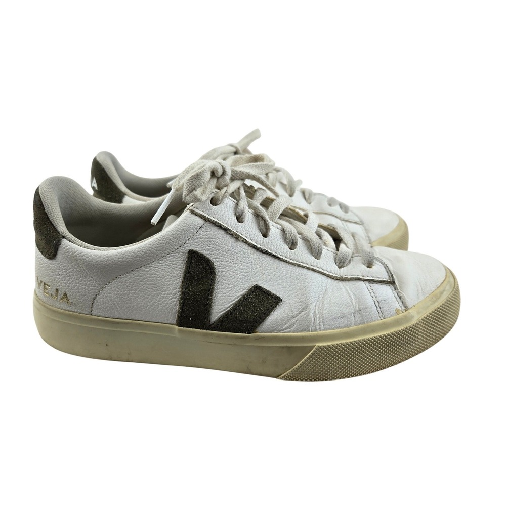 Veja Campo White Olive Green Grained Leather Sneakers Womens US 7 EUR 38